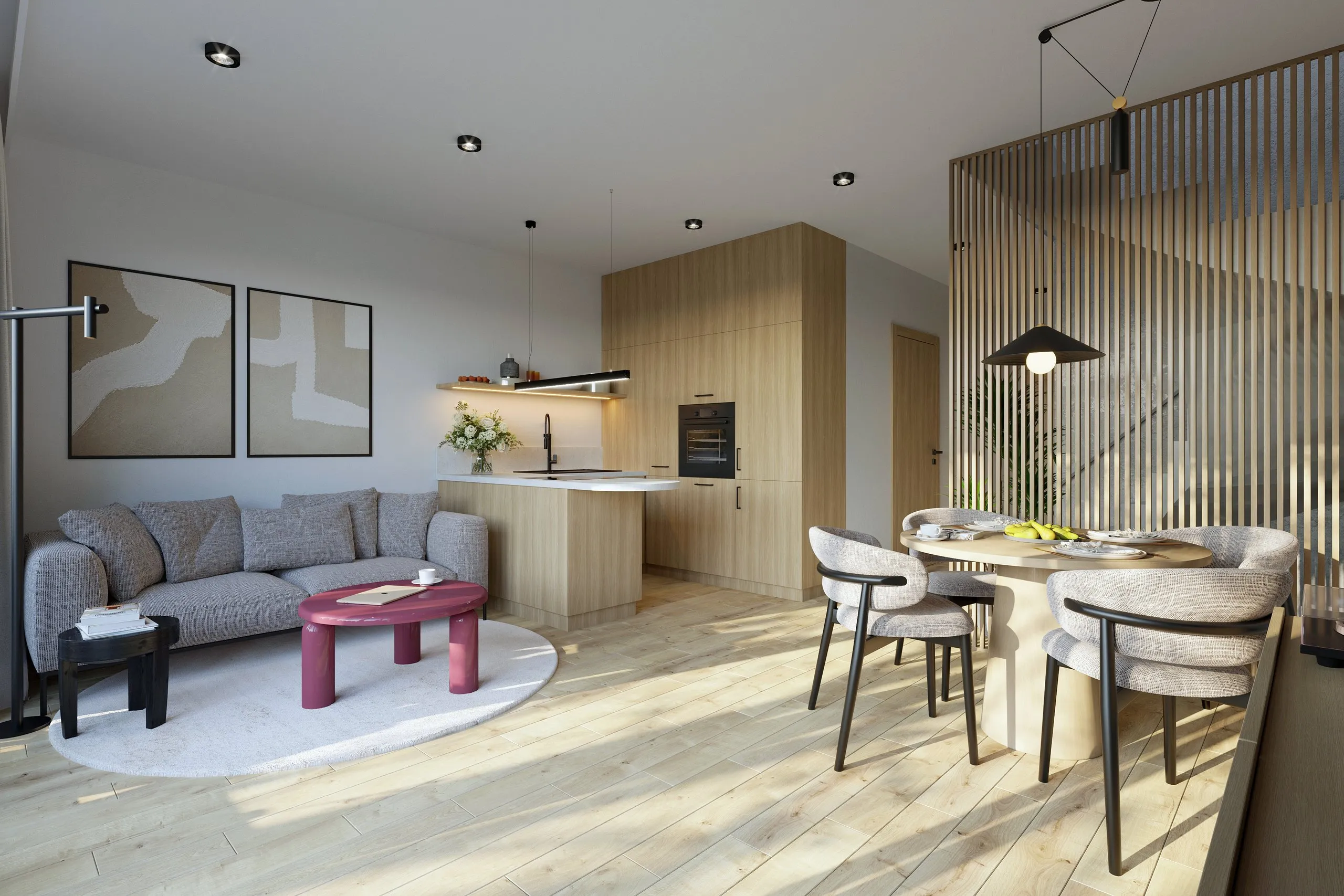 Mieszkania — salon, widok na kuchnię