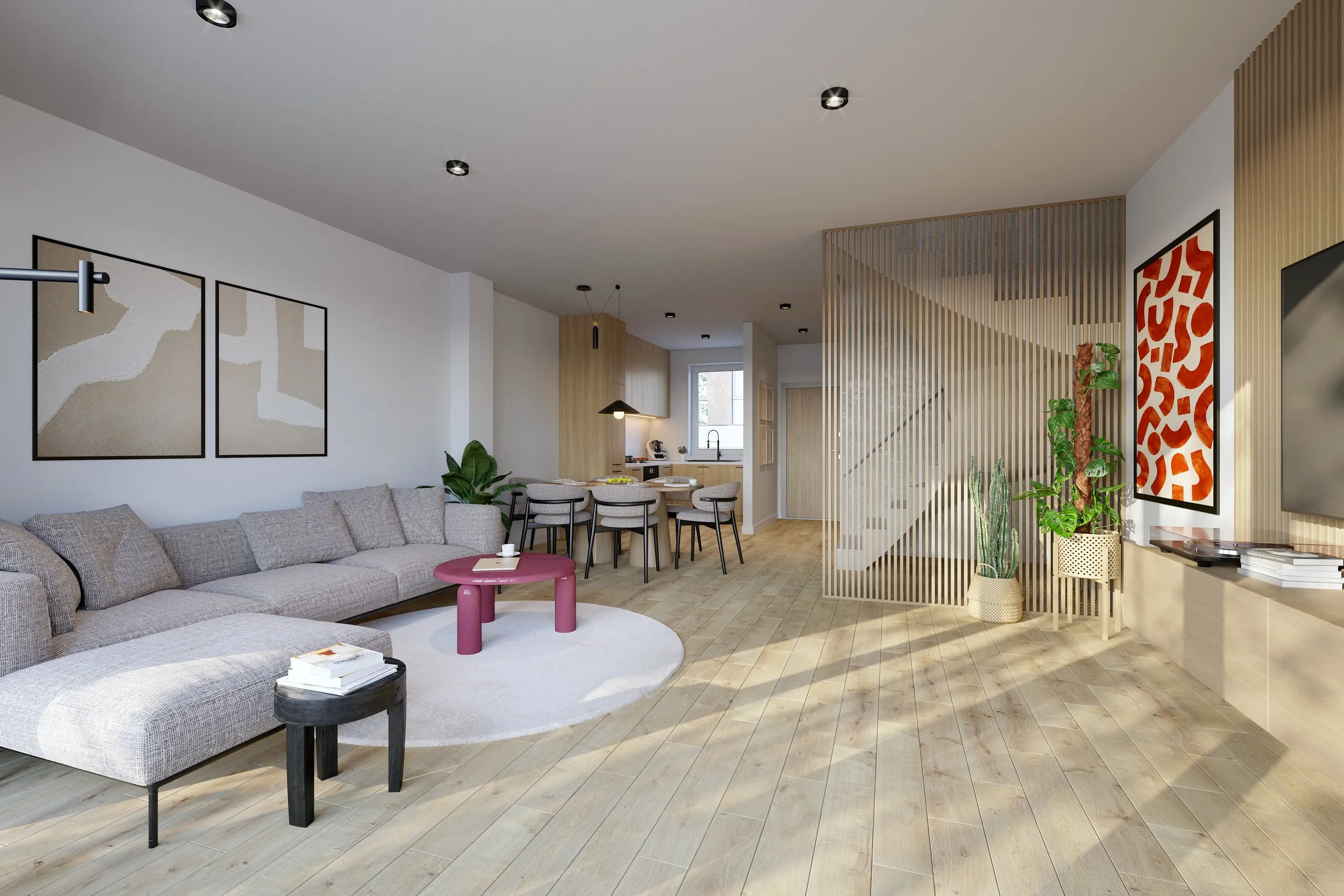 Wnętrze domu Stanovia — salon z jadalnią