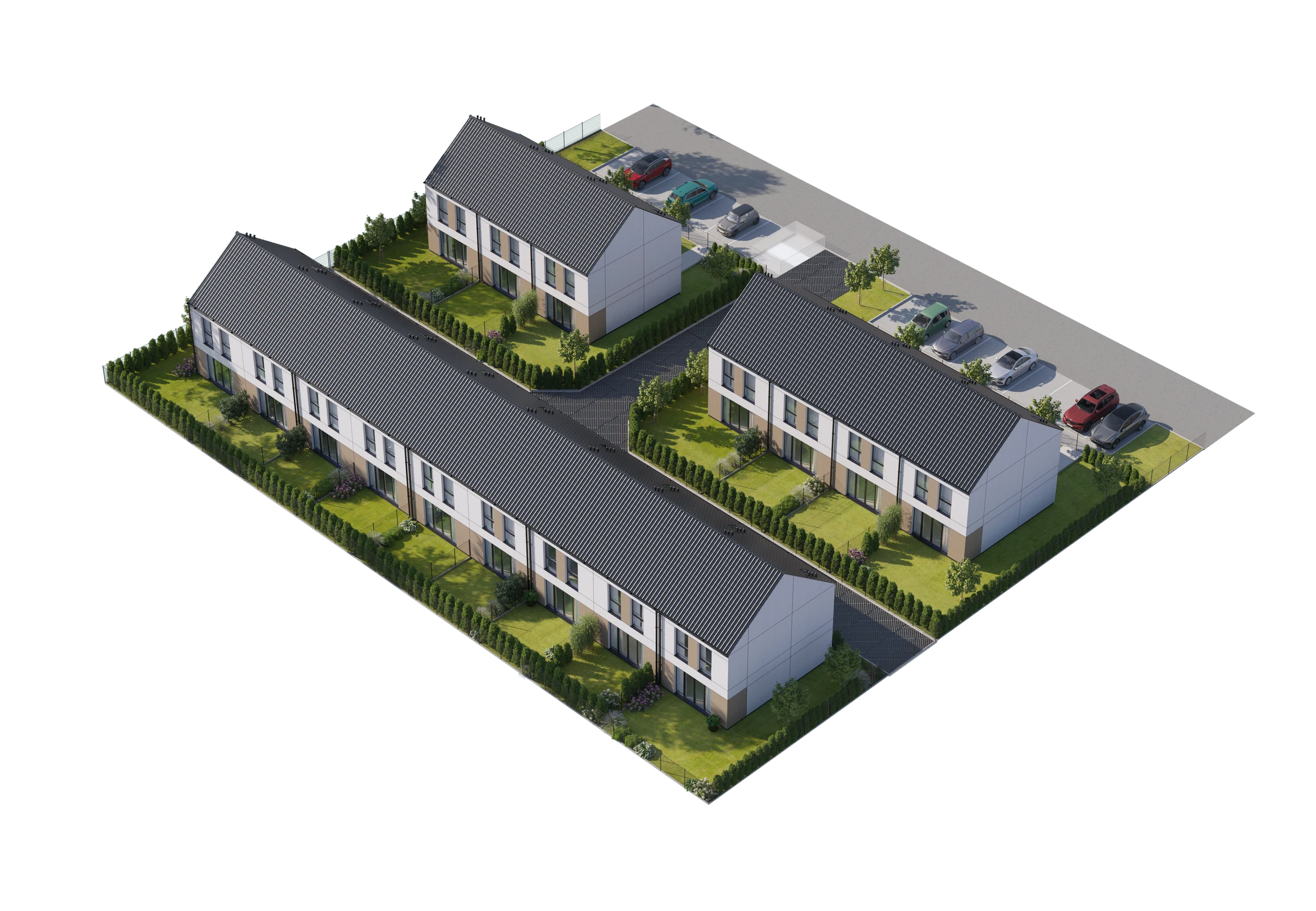 Mapa domów — widok 3D osiedla Stanovia: szereg domów etapu I przy ul. Kasztanowej oraz dwa budynki etapu II