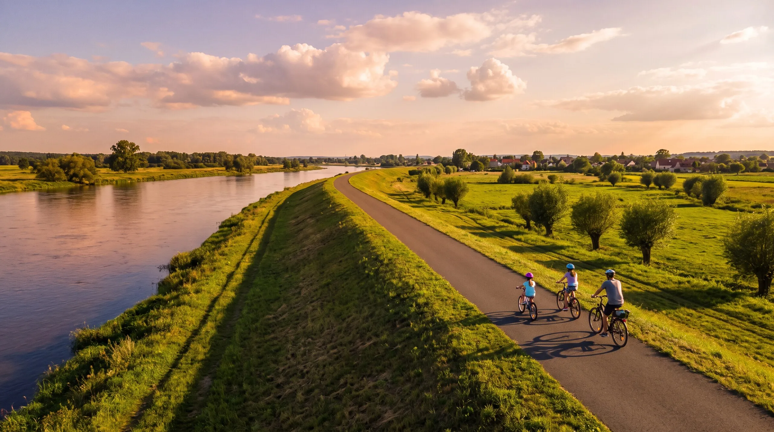 Rodzina na rowerach na wale nad Odrą